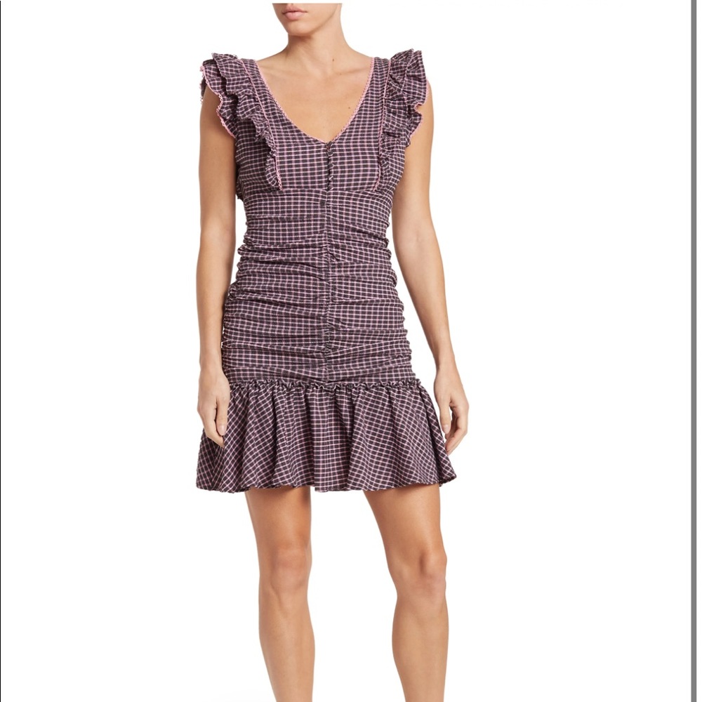 BETSEY JOHNSON Plaid Ruched Ruffled Minidress NWT Flamingo Pink Sz 10